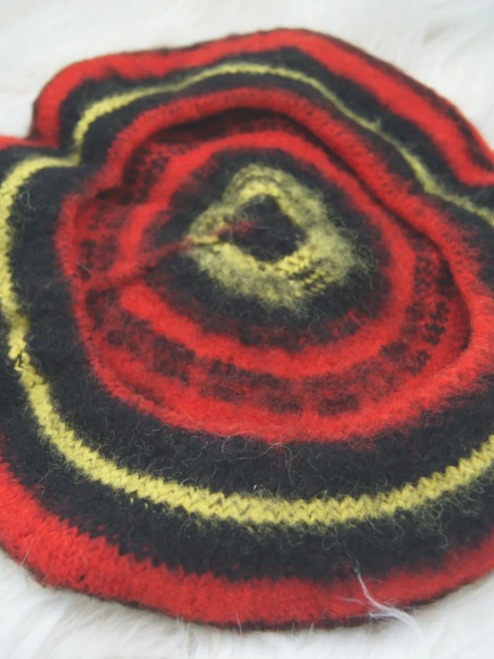 Vintage Knit Crochet Beret Pom Pom Red Black Yellow Stripe Pattern 70s Retro